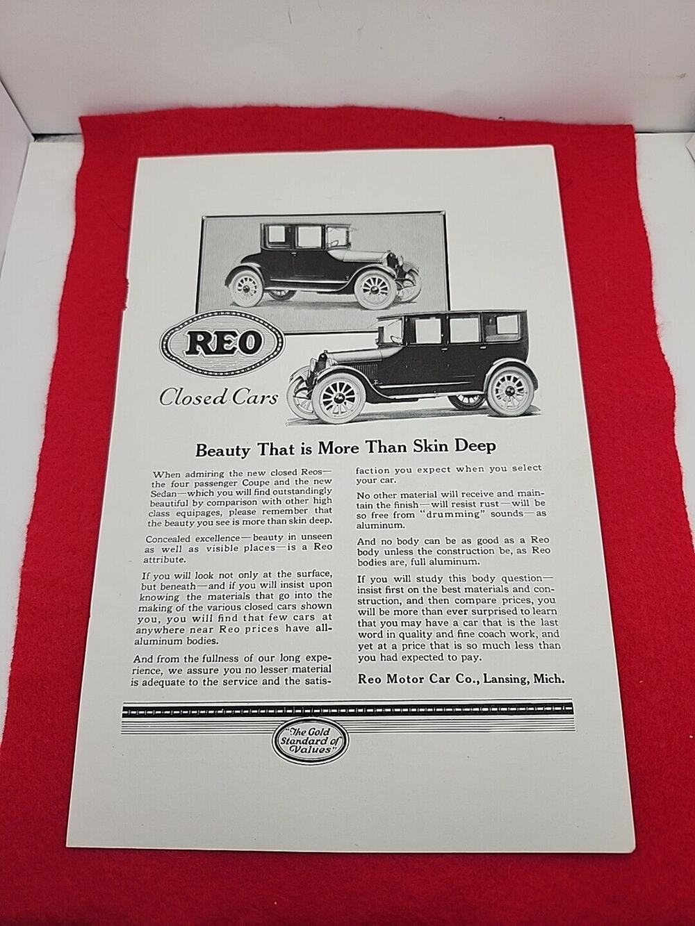 1922 Reo Closed Cars: Beauty More Than Skin Deep Vintage Print Ad Ephemera